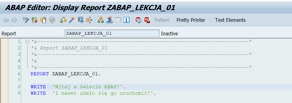 Pierwszy prosty program ABAP utworzony w transakcji SE38